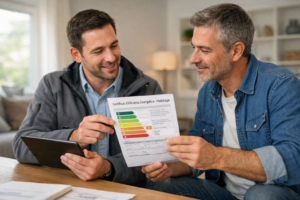 Arquitécto técnico revisando certificado energético con el cliente