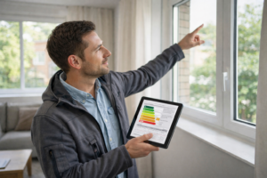Arquitecto técnico revisando ventanas